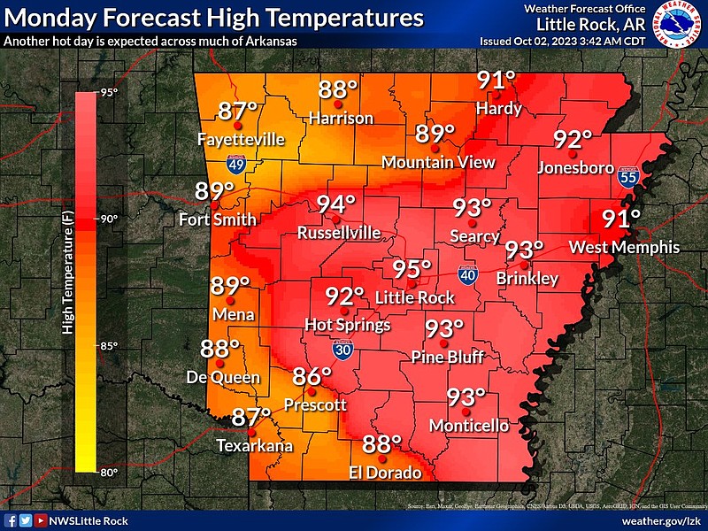 This graphic from the National Weather Service highlights the forecasted high temperatures across the state on Monday. (National Weather Service/X)