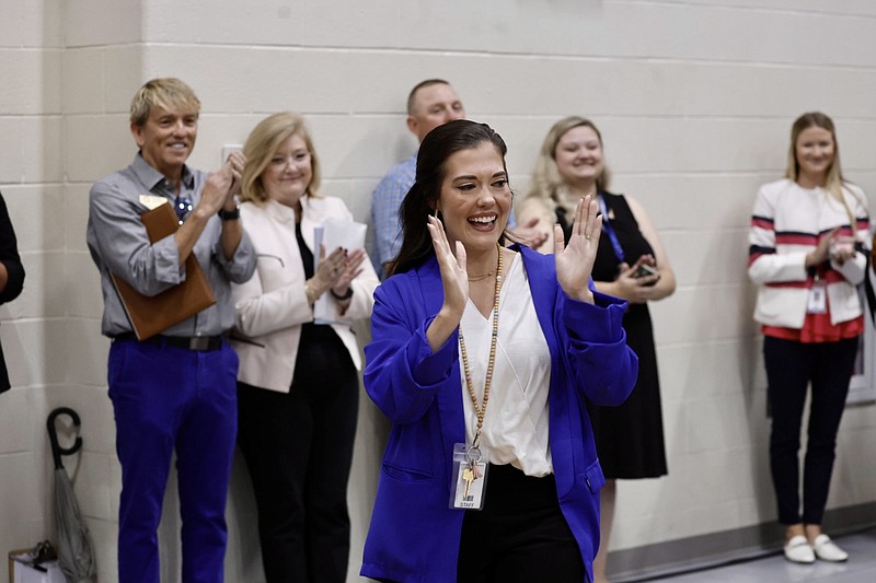 Ashley Anderson, sixth grade teacher at Greenbrier Middle school was named a 2023-24 recipient of a Milken Educator Award in a ceremony at the school on Wednesday, Oct. 4, 2023. (Arkansas Democrat-Gazette/Thomas Metthe)