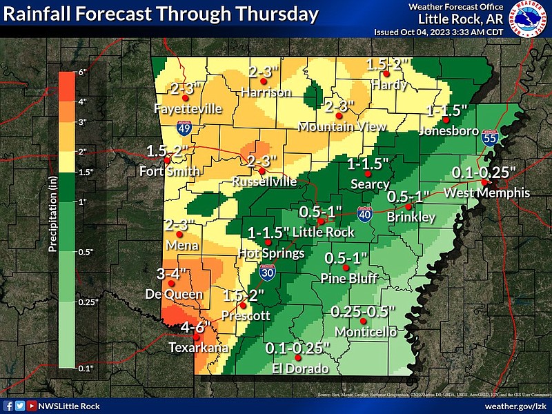 This graphic from the National Weather Service shows rainfall forecast across Arkansas for Wednesday and Thursday. (National Weather Service/X)