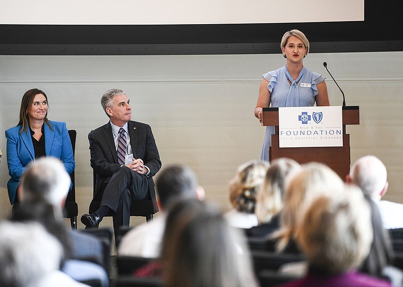 Jacqueline Sharp, area director for the American Foundation for Suicide Prevention, explains how a new grant will help the foundation’s efforts toward suicide prevention during a news conference at the Clinton Center in Little Rock on Thursday.
(Arkansas Democrat-Gazette/Stephen Swofford)