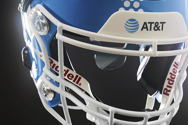 This handout provided by AT&T shows a football helmet developed for quarterbacks who are deaf or hard of hearing, at Gallaudet University in Washington D.C., Sept. 22, 2023. (Matt Monath/AT&T via AP)