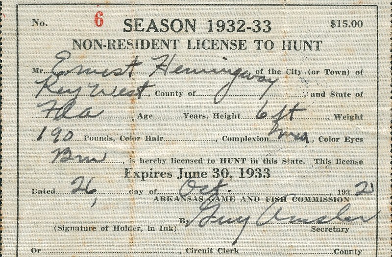 Ernest Hemingway’s Arkansas hunting license from 1932. Courtesy of Toby and Betty Bruce collection of Ernest Hemingway, 10077, Eberly Family Special Collections Library, Pennsylvania State University..