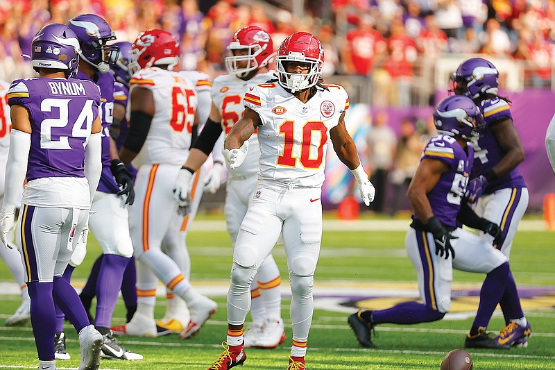 Chiefs running back Isiah Pacheco celebrates after running for a first down in last Sunday’s game against the Vikings in Minneapolis. (Associated Press)