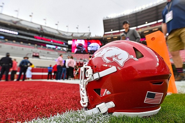 An Arkansas football helmet is seen on the field, Saturday, Oct, 14, 2023, before a game against Alabama at Bryant-Denny Stadium in Tuscaloosa, Ala. Visit nwaonline.com/photo for the photo gallery.