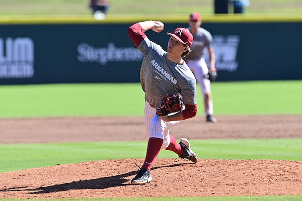 Arkansas pitcher Gabe Gaeckle throws during a scrimmage Monday, Oct. 16, 2023, in Fayetteville. (Photo by Walt Beazley/Arkansas Athletics)
