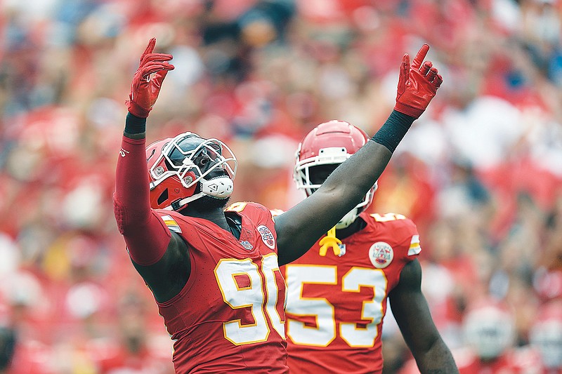 In this Aug. 26 file photo, Chiefs defensive end Charles Omenihu celebrates after making a sack during a preseason game against the Browns at Arrowhead Stadium in Kansas City. (Associated Press)