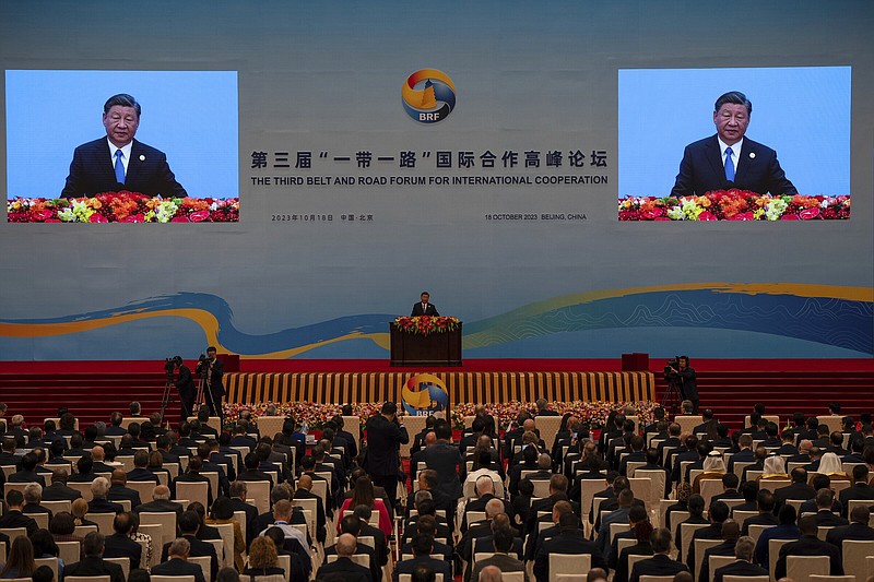 Chinese President Xi Jinping delivers a speech Wednesday during the Belt and Road Forum at the Great Hall of the People in Beijing. More photos at arkansasonline.com/1019beltroad/.
(AP/Louise Delmotte)