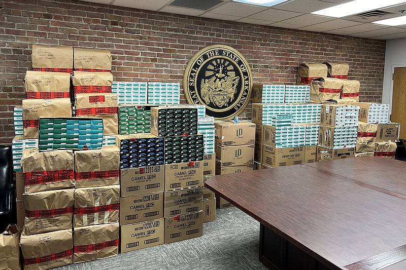 This photo taken Friday shows dozens of boxes containing illegal, untaxed boxes of cigarettes that were seized Oct. 12 by the Arkansas State Police and Arkansas Tobacco Control.
(Special to the Democrat-Gazette/Arkansas Department of Finance and Administration)