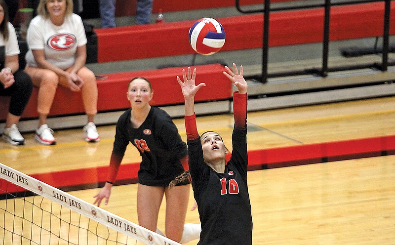 Jefferson City setter Hannah Vogt passes the ball during Wednesday night’s match against Camdenton in the first round of the Class 4 District 5 Tournament at Fleming Fieldhouse. (Greg Jackson/News Tribune)