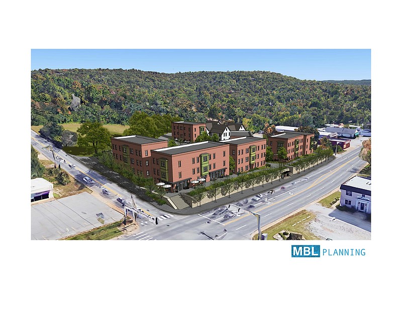 A drawing from MBL Architecture and Urban Design in Fayetteville shows a concept for Patriot Park, a planned affordable housing development at College Avenue and North Street in Fayetteville. (Courtesy/Strategic Realty)