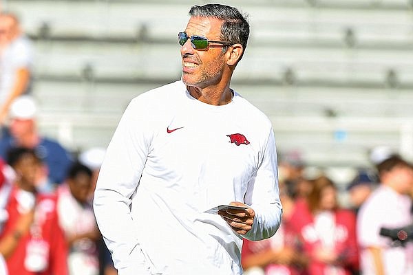Arkansas offensive coordinator Dan Enos is shown prior to the Razorbacks' 7-3 loss to Mississippi State on Saturday, Oct. 21, 2023, in Fayetteville.