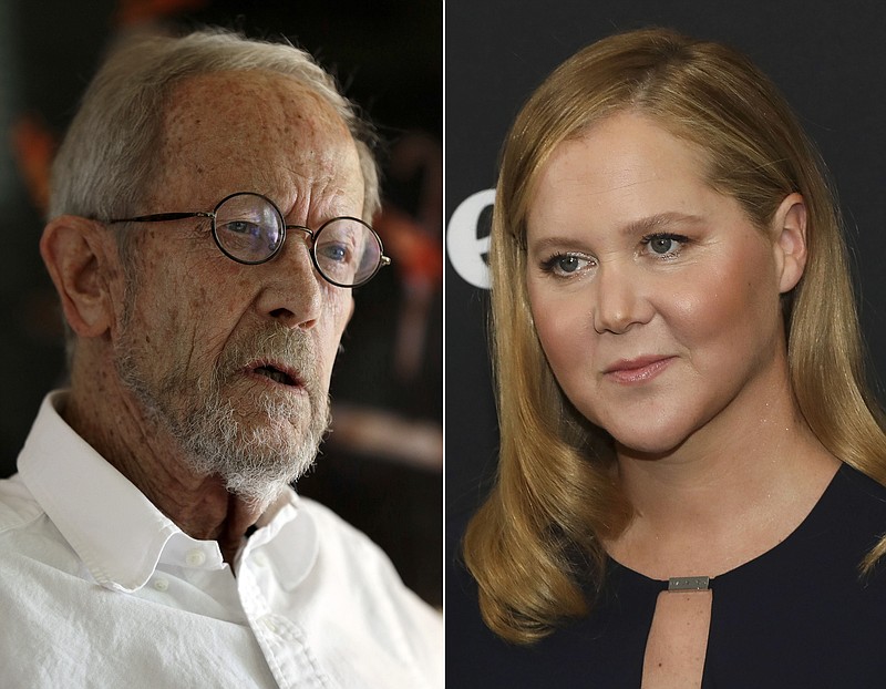 Author Elmore Leonard appears during an interview at his Bloomfield Township, Mich., home on Sept. 17, 2012, left, and actor-comedian Amy Schumer appears at the premiere of Hulu's Original Series "Life & Beth" in New York on March 16, 2022. A new study from PEN America finds that tens of thousands of books are banned or restricted by U.S. prisons.  Leonard's thriller “Cuba Libre,”is banned in Michigan and Schumer's memoir “The Girl with the Lower Back Tattoo” was flagged by Florida officials for graphic sexual content and for being a threat to the security. (AP Photo)