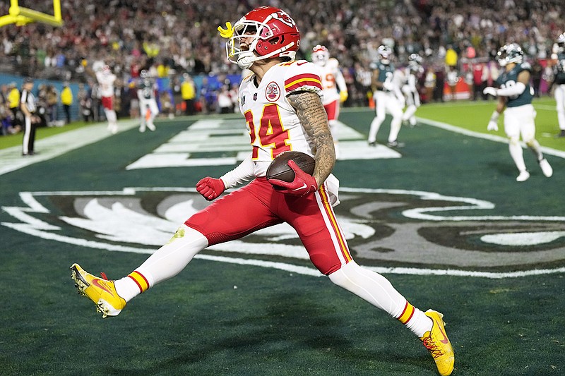 In this Feb. 12 file photo, Chiefs wide receiver Skyy Moore celebrates his touchdown against the Eagles during the second half of Super Bowl 57  in Glendale, Ariz. (Associated Press)