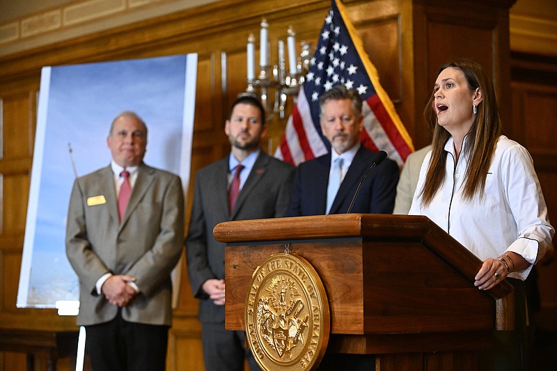 Gov. Sarah Huckabee Sanders announces missile manufacturing jobs coming to Camden during a press briefing Thursday, Oct. 26, 2023 at the state Capitol in Little Rock. (Arkansas Democrat-Gazette/Staci Vandagriff)