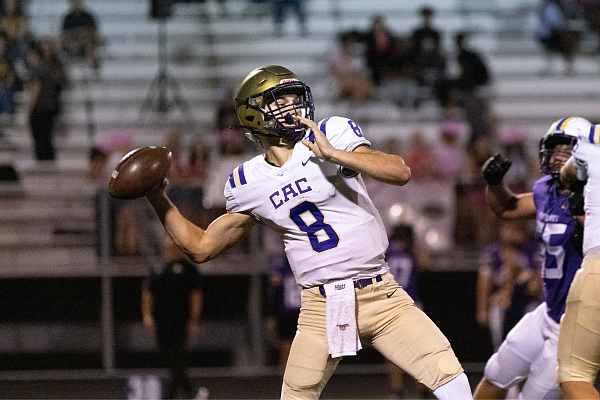 Arkansas commit and Central Arkansas Christian quarterback Grayson Wilson is shown throwing a pass Friday, Sept. 29, 2023, at Mayflower.