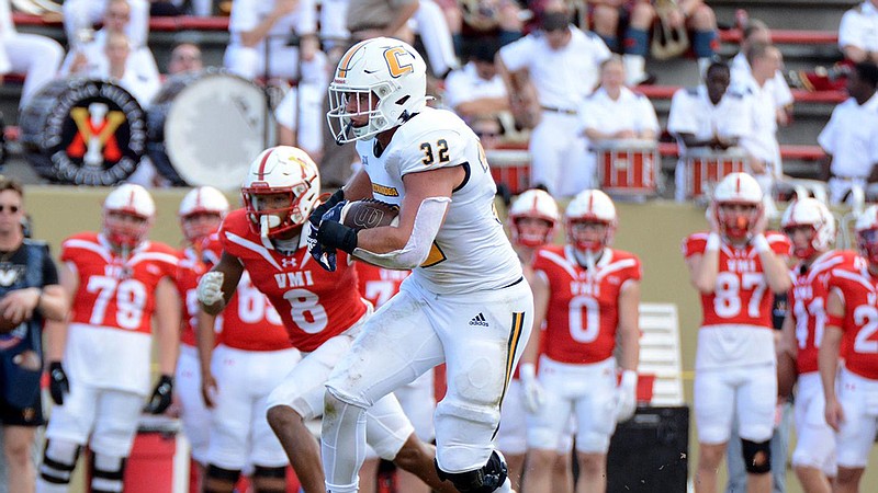 UTC Athletics photo by Laura O'Dell / UTC linebacker Kobe Joseph (32) returned an interception 15 yards to set up a touchdown for the Mocs during Saturday's win at Virginia Military Institute.