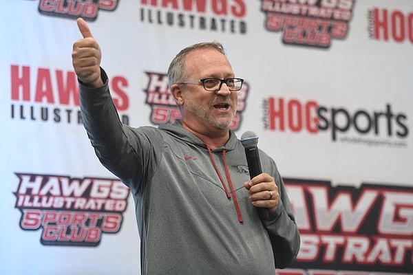 Mike Neighbors, coach of the Arkansas women’s basketball team, speaks Wednesday, Nov. 1, 2023, during the Hawgs Illustrated Sports Club luncheon at Home 2 Suites in Springdale.