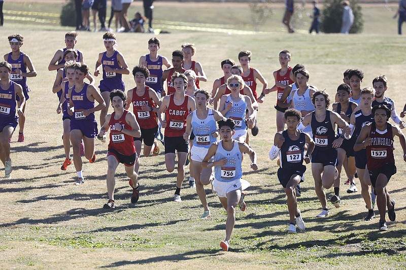 Runners take off at the start Thursday of the Class 6A boys cross country state championship at Oaklawn Racing Casino Resort in Hot Springs. More photos at arkansasonline.com/112crosscountry/.
(Arkansas Democrat-Gazette/Thomas Metthe)