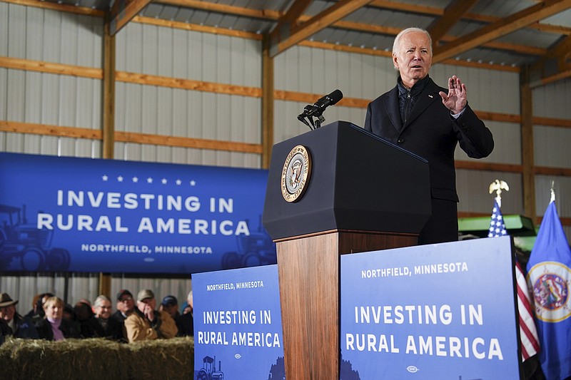 President Joe Biden delivers remarks at Dutch Creek Farms in Northfield, Minn., Nov. 1, 2023. President Biden traveled to Minnesota to kick off an administration-wide tour of rural communities. (Kent Nishimura/The New York Times)