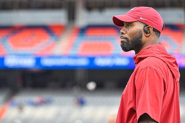 Arkansas interim offensive coordinator Kenny Guiton is shown prior to a game against Florida on Saturday, Nov. 4, 2023, in Gainesville, Fla.