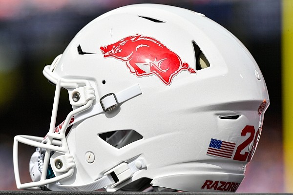 An Arkansas helmet is seen, Saturday, Nov. 4, 2023, during the first quarter of the Razorbacks’ 39-36 overtime win over the Florida Gators at Ben Hill Griffin Stadium in Gainesville, Fla.