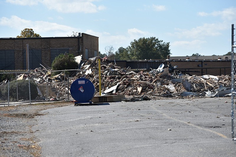 The old Watson Chapel Junior High School campus is torn down to rubble, as pictured Tuesday, Nov. 7, 2023. The demolition is to make way for a new Watson Chapel High School. (Pine Bluff Commercial/I.C. Murrell)