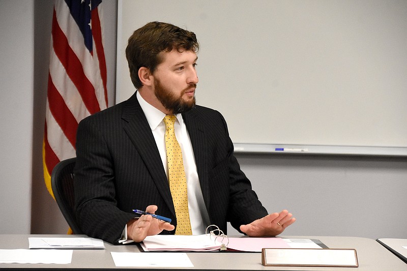 Daniel Shults, director of the State Board of Elections, speaks during the election commissioners meeting in this 2021 file photo. Shults submitted his resignation Monday. (Arkansas Democrat-Gazette/Staci Vandagriff)