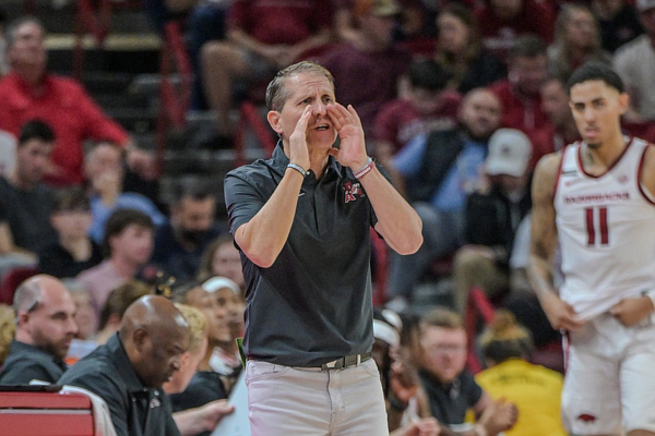 Eric Musselman shouts instructions in the first half on Monday, Nov. 6, 2023, at Bud Walton Arena in Fayetteville. The Arkansas Razorbacks men’s basketball team took on the Alcorn State Braves in Arkansas’ home opener. (NWA Democrat Gazette/Caleb Grieger)