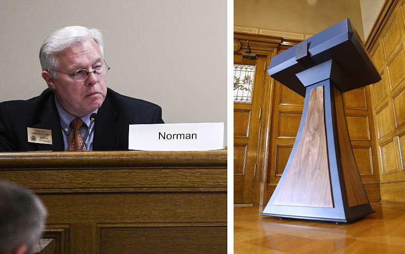 Legislative Auditor Roger Norman (left) and the lectern identified by the Sanders administration as costing $19,029.25 are shown in Little Rock in these 2023 file photos. Norman was attending a meeting of the Arkansas Legislative Audit Committee on Oct. 12, 2023, and the lectern was displayed in the Governor’s Conference Room at the state Capitol on Sept. 26, 2023. (Left, Arkansas Democrat-Gazette/Stephen Swofford; right, Arkansas Democrat-Gazette/Thomas Metthe)