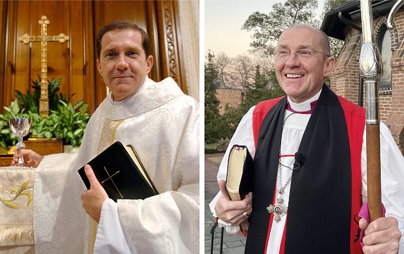 Larry Benfield is shown at left as a reverend inside Little Rock's Christ Episcopal Church on March 31, 2004, and at right as bishop of the Episcopal Diocese of Arkansas on Dec. 19, 2021. Benfield, who plans to retire near the end of 2023, is standing outside Trinity Episcopal Cathedral in Little Rock in the photo at right. (Left, Arkansas Democrat-Gazette file photo; right, Arkansas Democrat-Gazette/Frank E. Lockwood)