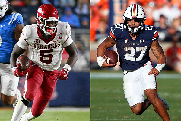 Arkansas running back Raheim Sanders and Auburn tailback Jarquez Hunter are shown carrying the football during games in the 2023 season. (AP Photos by Butch Dill & Thomas Graning)