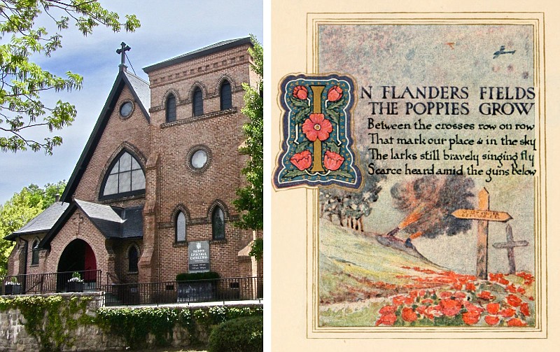 At left, Trinity Episcopal Cathedral, 310 W. 17th St., Little Rock, is shown in an undated file photo. At right, a passage from "In Flanders Fields" is shown in a 1921 printing. The poem, which was written in 1915, will be read during a Remembrance Sunday service at the cathedral on Sunday, Nov. 12, 2023. (Left, Arkansas Democrat-Gazette file photo; right, public domain photo)