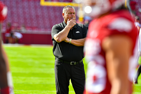 Arkansas head coach Sam Pittman observes warmups, Saturday, Oct. 21, 2023, before a game against Mississippi State at Donald W. Reynolds Razorback Stadium in Fayetteville.