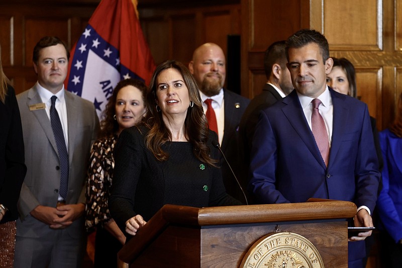 Gov. Sarah Huckabee Sanders addresses ExxonMobil's announcement that it will begin lithium extraction in south Arkansas at a news conference at the state Capitol on Monday. (Arkansas Democrat-Gazette/Thomas Metthe)