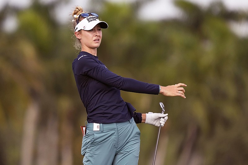 Nelly Korda follows her shot from the 18th fairway during Thursday’s first round of the LPGA CME Group Tour Championship in Naples, Fla. (Associated Press)