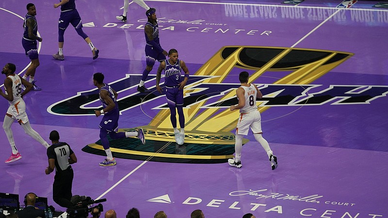 The court is shown during an NBA basketball in-season tournament game between the Phoenix Suns and Utah Jazz Friday, Nov. 17, 2023, in Salt Lake City. (AP Photo/Rick Bowmer)