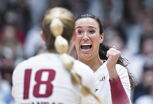 Arkansas outside hitter Taylor Head reacts to a play during a match against Florida on Sunday, Nov. 19, 2023, in Fayetteville.