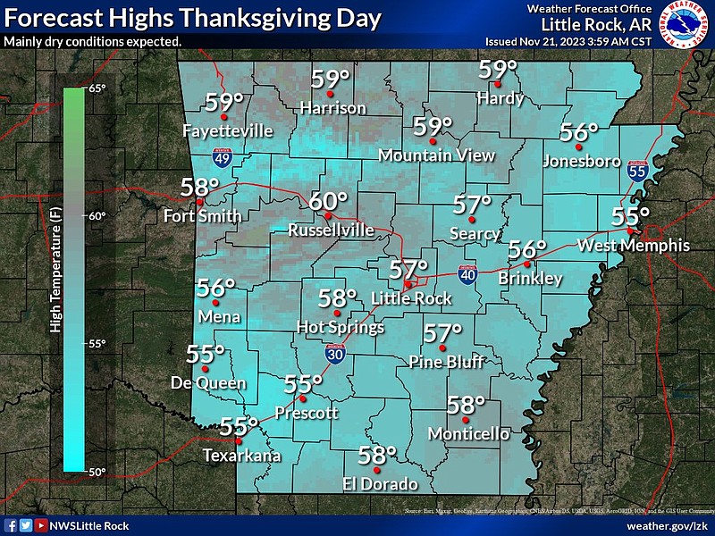 This graphic from the National Weather Service highlights the forecasted highs across Arkansas for Thursday. (National Weather Service/X)