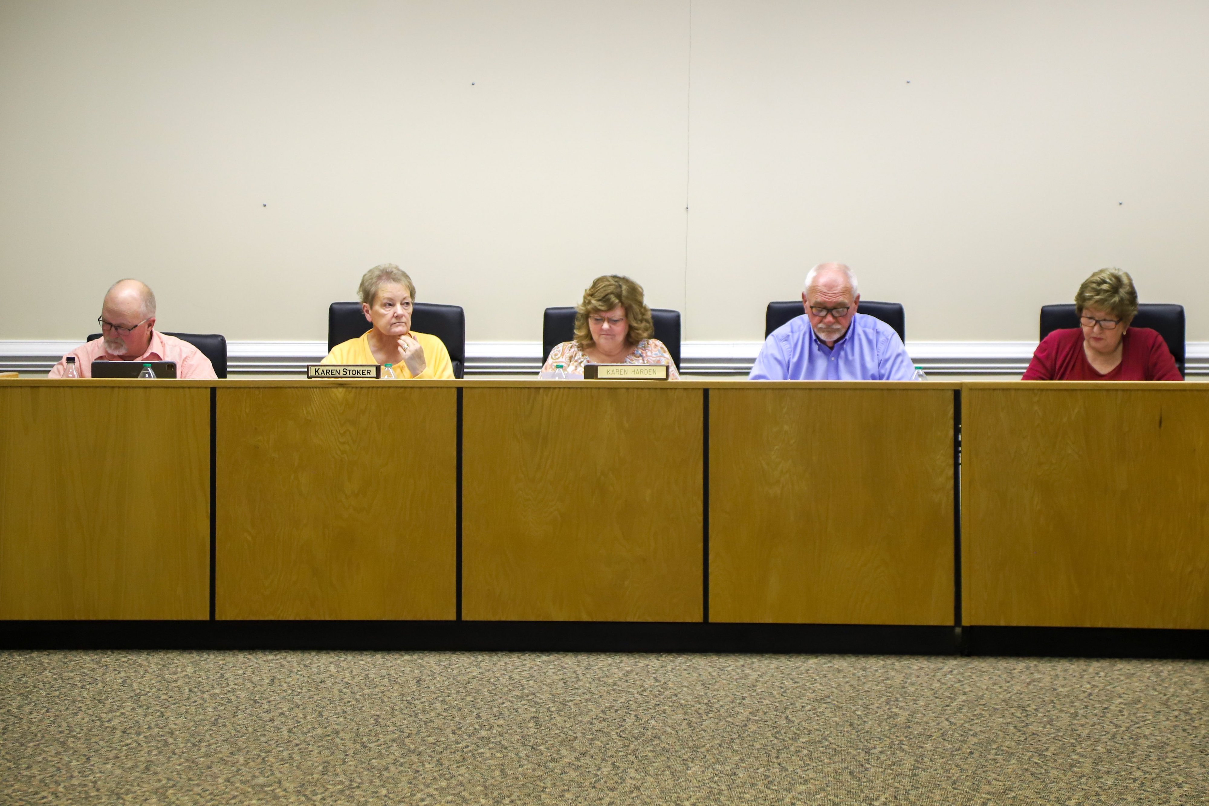 Staff photo by Olivia Ross / From left, school board members Mike Carruth, Karen Stoker, Karen Harden, Dave Wilson and Phyllis Hunter are seen during a Walker County School Board meeting on Monday, November 13, 2023.