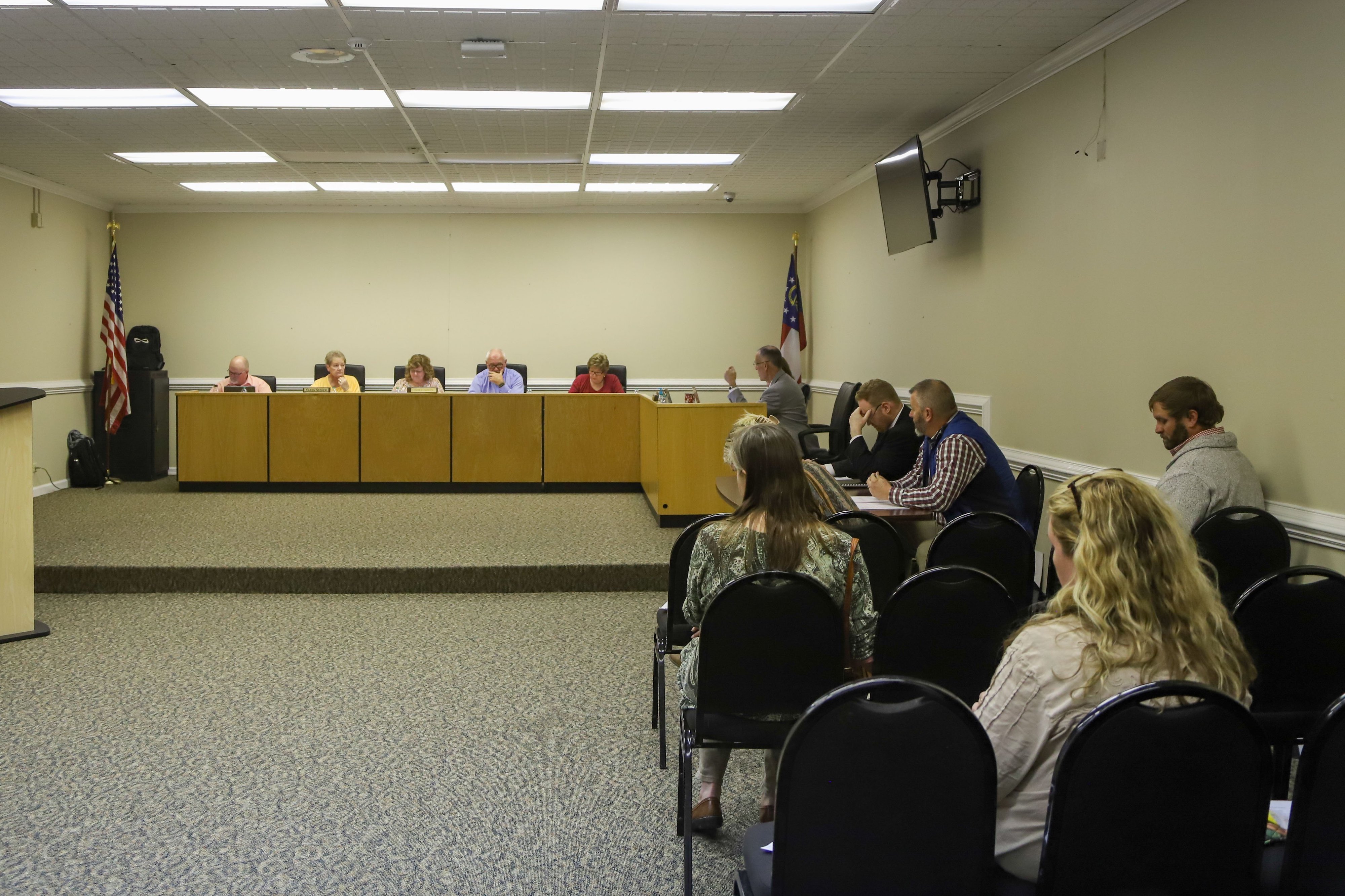 Staff photo by Olivia Ross / From left, school board members Mike Carruth, Karen Stoker, Karen Harden, Dave Wilson and Phyllis Hunter are seen during a Walker County School Board meeting on Monday, November 13, 2023.