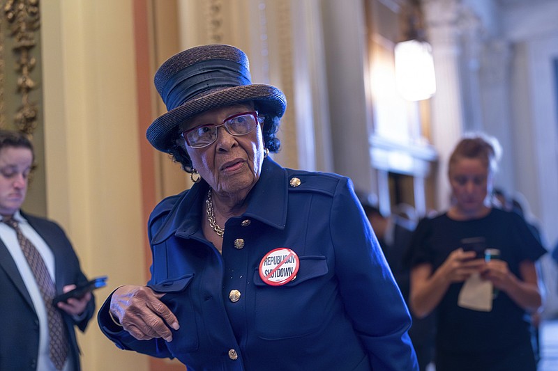 U.S. Rep. Alma Adams, D-N.C., arrives at the House chamber of the Capitol in Washington in this Sept. 30, 2023 file photo. Adams was voting on a 45-day funding bill to keep federal agencies open, and her button shows her opposition to what she called a "Republican shutdown" of the federal government. (AP/J. Scott Applewhite)
