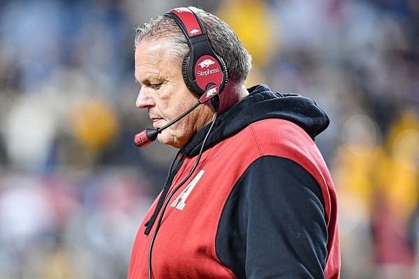 Arkansas head coach Sam Pittman reacts on the sideline, Friday, Nov. 24, 2023, during the fourth quarter of the Razorbacks’ 48-14 loss to the Missouri Tigers at Donald W. Reynolds Razorback Stadium in Fayetteville.
