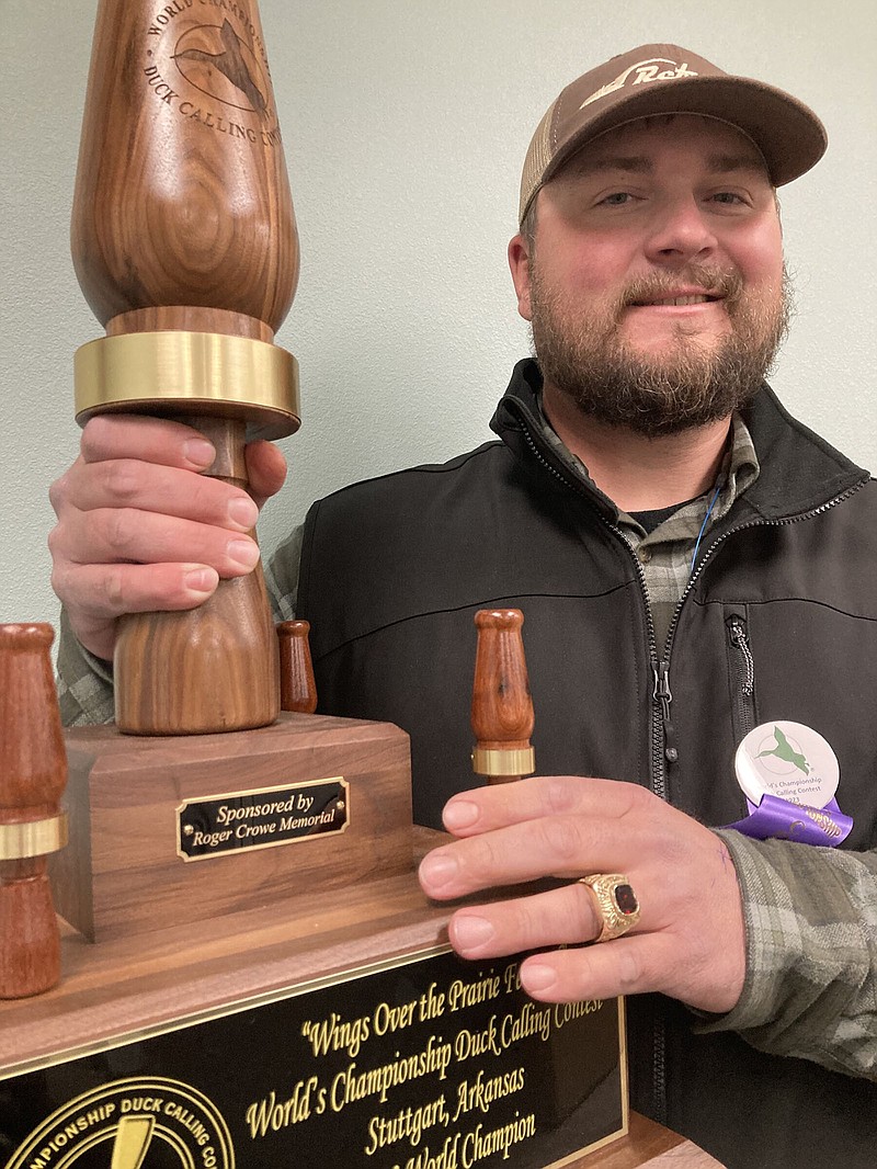 Nick Brichacek of Schuyler, Neb., won the World’s Championship Duck Calling Contest on Saturday in Stuttgart.
(Arkansas Democrat-Gazette/Bryan Hendricks)