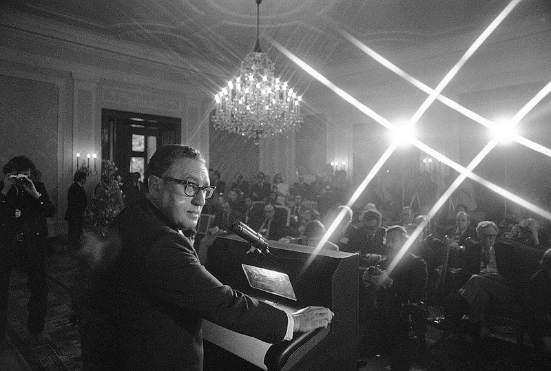 Henry Kissinger, shown while U.S. secretary of state at an international news conference in Salzburg, Austria, on June 11, 1974, was hailed and criticized in remembrances following his death Wednesday. More photos at arkansasonline.com/121kissinger/.
(AP file photo)