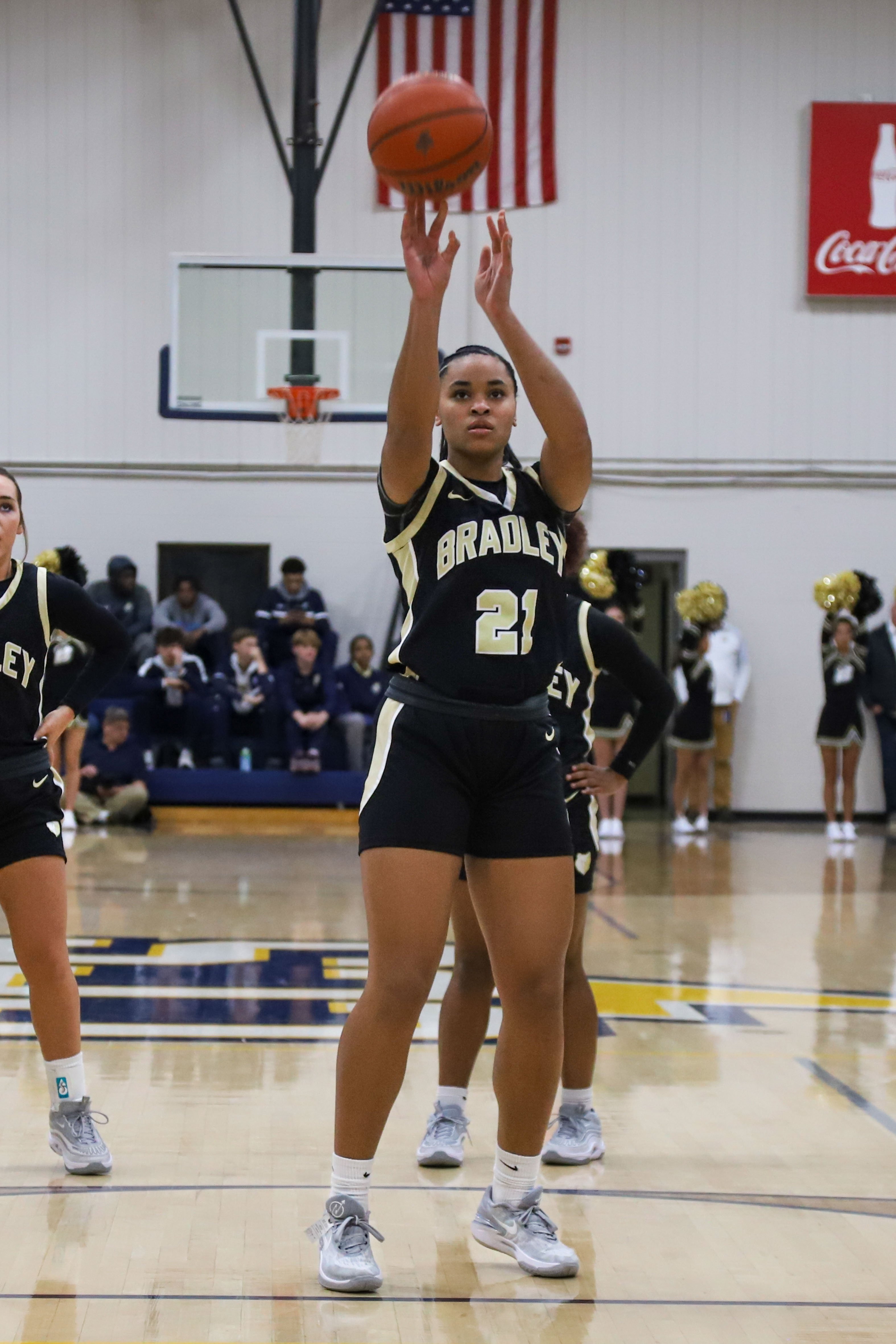 Staff photo by Olivia Ross / Bradley’s Tatianna Stovall (21) shoots a free throw. Chattanooga Christian took on Bradley Central at home on Tuesday, December 5, 2023.