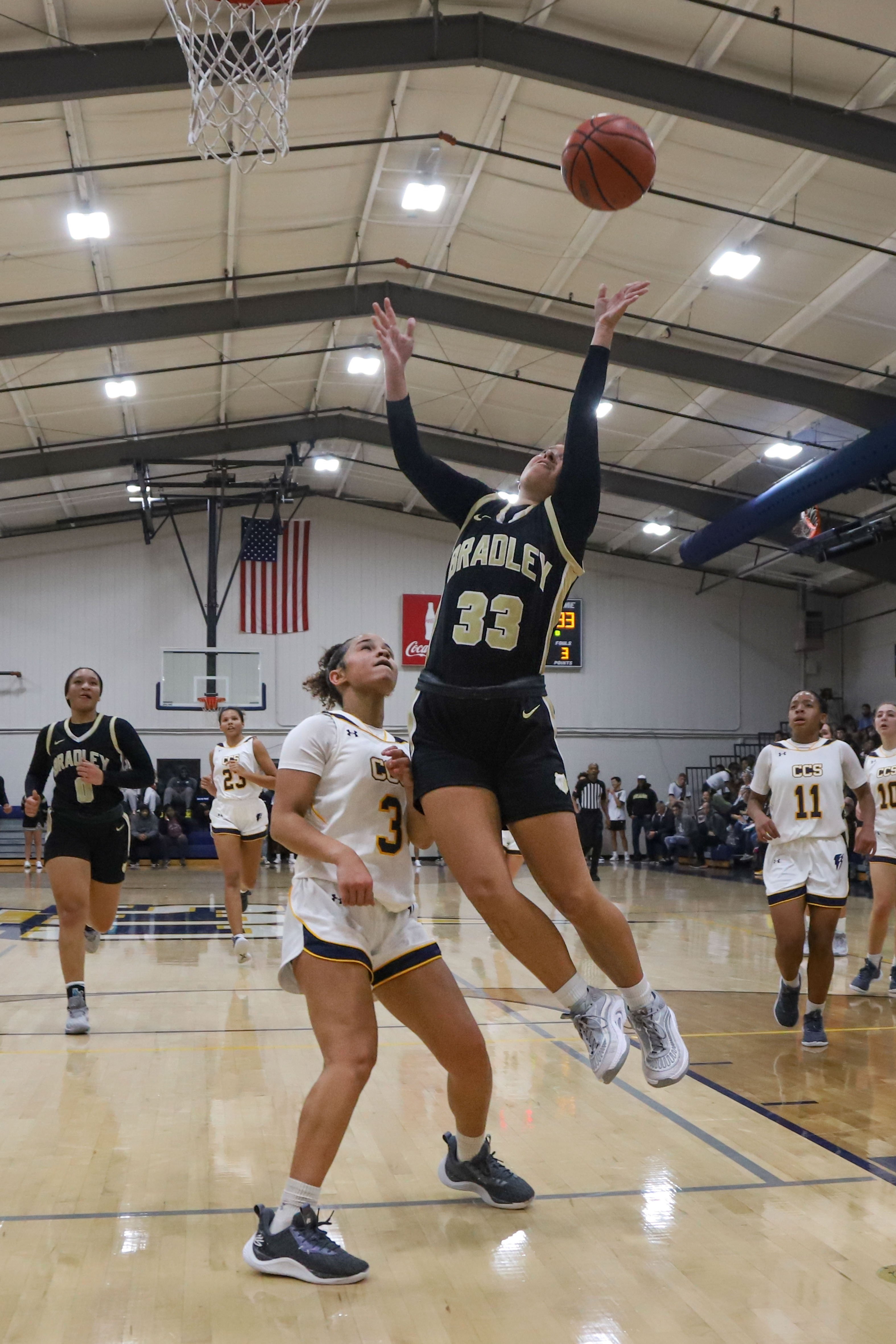 Staff photo by Olivia Ross / Bradley’s Abby White (33) shoots. Chattanooga Christian took on Bradley Central at home on Tuesday, December 5, 2023.
