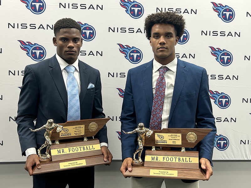 Staff photo by Stephen Hargis / Bradley Central’s Boo Carter (left) and Baylor’s Amari Jefferson were each named Tennessee Titans Mr. Football award winners on Tuesday.