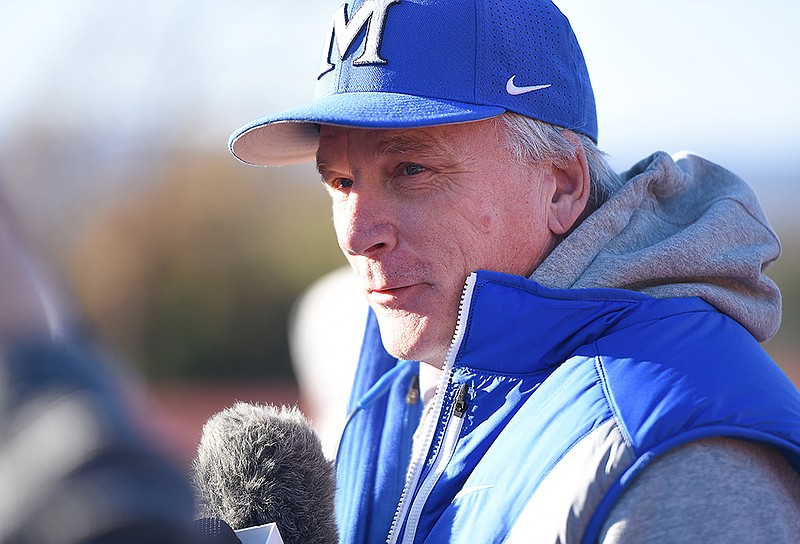 Staff photo by Matt Hamilton / Ralph Potter speaks to reporters on Nov. 28 at McCallie School, two days before the Blue Tornado defeated rival Baylor in the TSSAA Division II-AAA BlueCross Bowl at Finley Stadium to win the program's fifth state title, all with Potter as head coach. Potter has stepped down from his position but will remain on staff as defensive coordinator with offensive Joel Bradford promoted to head coach.