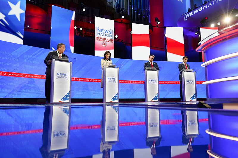 Republican presidential candidates (from left) former New Jersey Gov. Chris Christie, former U.N. Ambassador Nikki Haley, Florida Gov. Ron DeSantis, and businessman Vivek Ramaswamy are seen during a Republican presidential primary debate hosted by NewsNation on Wednesday at the Moody Music Hall at the University of Alabama in Tuscaloosa, Ala.
(AP/Gerald Herbert)