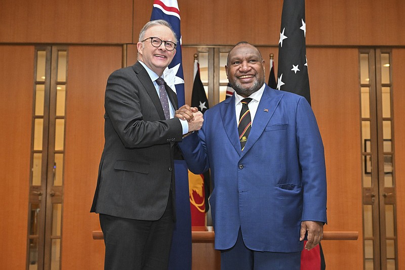 Australia’s Prime Minister Anthony Albanese (left), meets on Thursday with Papua New Guinea’s Prime Minister James Marape at Parliament House in Canberra, Australia.
(AP/AAP/Mick Tsikas)